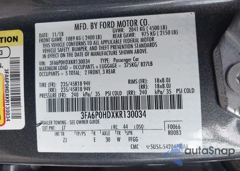 2019 Ford Fusion Se из США, поврежденный, VIN 3FA6P0HDXKR130034